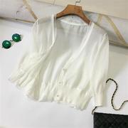 韩国夏季绿色小个子冰丝空调开衫女短外搭真丝防晒披肩外套潮