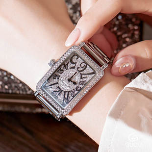 香港精美满钻复古数字手表时尚百搭方形钢带腕表女表
