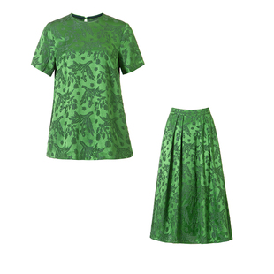 绿宝石复古真丝缎面立体浮雕提花轻礼服A字半身裙 短袖上衣 套装