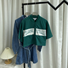 U家复古日系绿色撞色短袖棒球服女夏季宽松bf风百搭半袖T恤