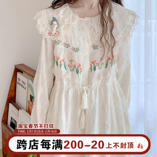 木茶出品森系蕾丝刺绣娃娃领长袖连衣裙女2023秋季小清新甜美裙子