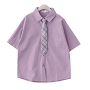 DuForm自制夏季复古学院风百搭宽松短袖紫色衬衫配格子领带