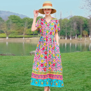 夏季洋气波西米亚棉绸连衣裙，中长款妈妈装旅游减龄时尚沙滩裙