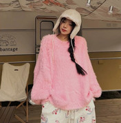 冬季韩国lagirl舒适毛绒，流行简单百搭套头宽松圆领针织衫