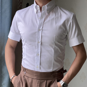 夏季薄款高领两扣短袖衬衫男士修身免烫抗皱商务纯棉白色半袖衬衣