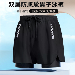 新款男士游泳裤双层防尴尬速干加大码平角成人泳衣沙滩裤游泳装备