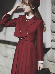 护奶裙jk制服套装，原创正版秋冬红色卡奶背心裙，西服学院风连衣裙女