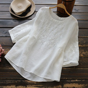 棉麻短袖t恤女2023夏季韩版宽松圆领洋气刺绣白色大码上衣