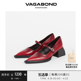 vagabondvivian女士牛皮尖头，玛丽珍鞋红色，复古法式单鞋高跟鞋