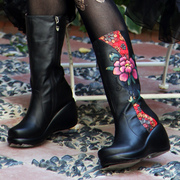 纳妮雅高跟民族风女靴真皮，绣花靴子坡跟，3334小码女士中筒靴秋冬