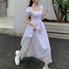 法式气质不规则蕾丝，白色方领连衣裙女夏季中长款泡泡袖温柔风裙子
