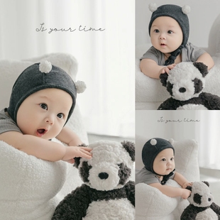 儿童摄影主题服装灰色系小熊猫，男宝宝百天照，周岁照拍照服装道具