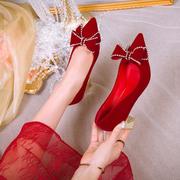 婚鞋新娘鞋女2022秋季红色尖头宴会结婚两用不累脚粗跟高跟鞋