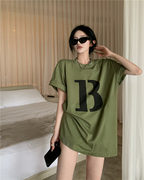 大码胖mm绿色短袖t恤女夏季韩版宽松字母印花中长款下身失踪上衣