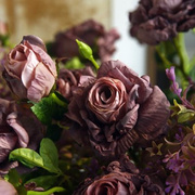 法式油画焦边仿真月季花，玫瑰花假花复古客厅餐桌花，装饰花插花紫色