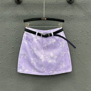 原创甜辣时尚紫色星星印花牛仔半身裙女夏季高腰A字包臀短裙