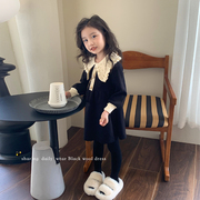 黑色毛线连衣裙韩国女童洋气秋装，女宝宝长裙，韩版儿童春秋裙子
