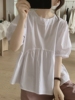 韩国高腰衬衫女夏季大码宽松显瘦褶皱，小清新喇叭袖娃娃衫短袖上衣