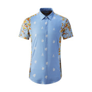 欧美轻奢男装玫瑰花植物花卉印花短袖衬衫蓝条纹拼接时尚修身衬衣