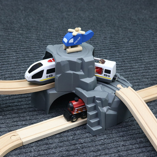 多用双层隧道木质轨道，车配件木制小火车儿童，路轨男孩拼装益智玩具