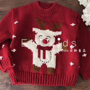 儿童丹麦粗针厚软圣诞毛衣男女童宽松立体毛球小鹿红色可爱套头衫