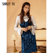 shirleyyu2024原创设计春夏，女法式灰色真丝蓝丝绒拼接连衣裙