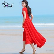 夏季红色雪纺连衣裙女长款到脚踝2023年纯色超长短袖大摆裙子