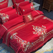 欧式婚庆100贡缎全棉床上用品大红色刺绣结婚床盖四件六件十件套2