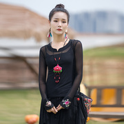 2023春季民族风女装时尚复古黑色蕾丝绣花长袖T恤紧身打底衫