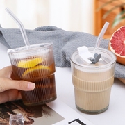 竖条纹玻璃杯咖啡杯带吸管带盖家牛奶竹节水杯冰美式透明杯子