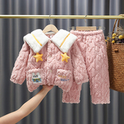 2023加厚款冬季法兰绒三层夹棉儿童家居服女童珊瑚绒睡衣套装