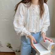 韩国法式复古文艺优雅宫廷花边刺绣长袖衬衫，女夏甜美气质宽松上衣
