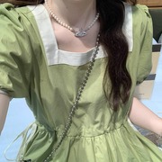 茶歇法式绿色连衣裙夏高级感气质收腰甜美方领泡泡袖温柔初恋长裙