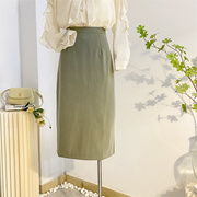 高腰直筒半身裙女2024春夏中长款纯色，包臀裙一步裙显瘦开叉裙子绿