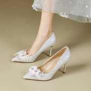 白色秀木配婚纱婚鞋女细跟法式小众水钻蝴蝶结亮片水晶高跟鞋单鞋