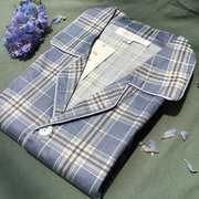 春夏季男士100%纯棉梭织斜纹棉布睡衣套装中老年爸爸长袖开衫大码