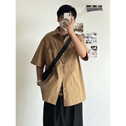 b东日系男装复古cityboy夏季棕，色系中性衬衫多口袋宽松短袖衬衣