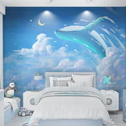 北欧儿童房壁纸海洋云朵，鲸鱼男女孩定制壁画，客厅卧室墙布背景墙纸