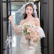 超仙蕾丝羽毛花朵新娘头纱头饰法式复古气质婚纱结婚跟妆发饰