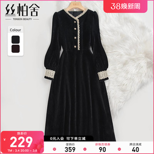 丝柏舍法式复古黑色，连衣裙2023秋装女蕾丝，拼接气质丝绒中长裙