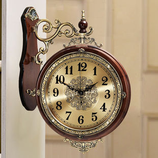 欧式双面客厅挂钟静音，两面时钟实木，复古石英钟表墙壁钟表时尚创意