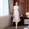 梨型身材 a 字连衣裙优雅气质2023夏季白色珍珠显瘦长裙子