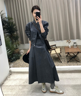 2024春季韩版设计感两件套夹克短外套女+压褶高腰半身裙长裙套装