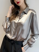 高级灰色醋酸缎面衬衫，女2024大码法式衬衣设计感丝绸长袖上衣