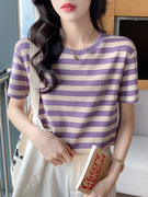 紫色条纹短袖上衣女，2024下摆弧形，设计感大码女装小个子t恤夏