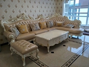FB530欧式转角沙发真皮7字形沙发全实木简欧转角沙发白色描金沙发