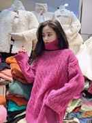 高领麻花羊驼绒宽松长袖慵懒套头，毛衣女(毛衣女，)2020冬韩版玫红色橘色