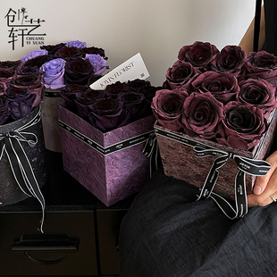 乌梅子酱花盒情人节，大理石礼盒鲜花玫瑰插花方形，圆形油画风抱抱桶
