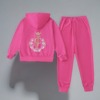 2024春秋玫粉色天鹅绒套装女大童女孩时尚时髦运动服两件套