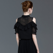 黑色雪纺衬衫女夏短袖2023设计感小众洋气性感露肩一字肩上衣
